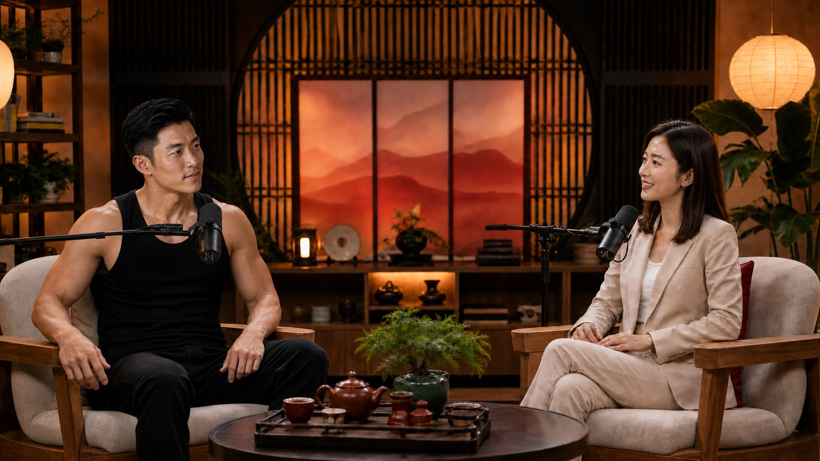Two Chinese Buzz Talk hosts having a conversation in the studio